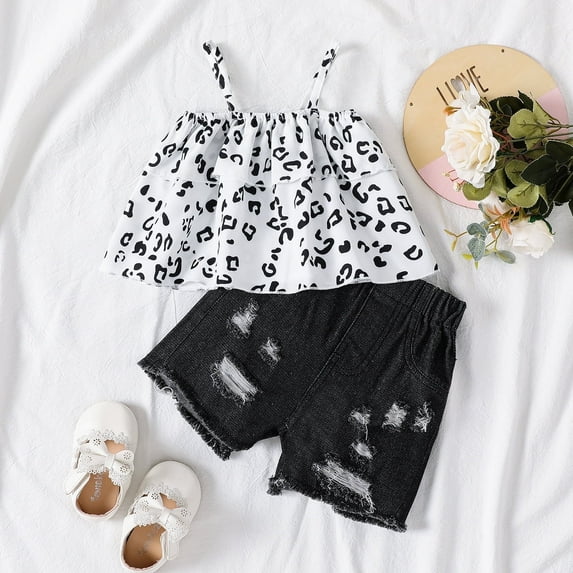 PatPat Baby Girl Leopard Print Slip Top and Ripped Denim Shorts (9-11 Months)