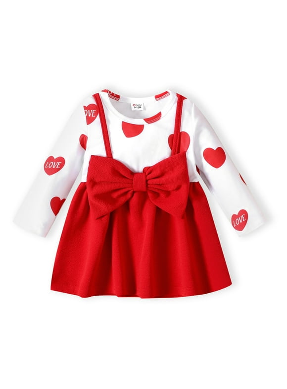 PatPat Baby Girl Love Heart Print Sling Bowknot Splicing Dress,Infant Long Sleeve Fall Outfit Suspender Midi Dress Casual A-Line Party Birthday Valentine's Day Newborn Skirt Spring Clothes,3-24Month
