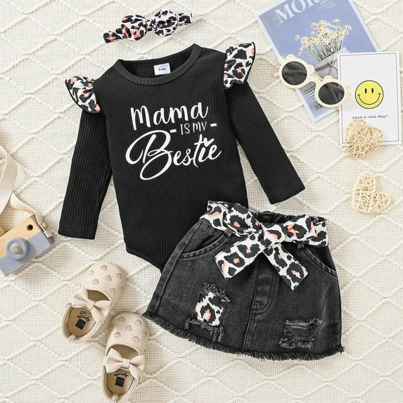 PatPat Baby Girl Outfit Set 2-Piece Ruffle Sleeve Bodysuit and Leopard Bow Denim Skirt Set,0-18M