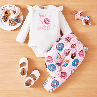 PatPat Baby Girl Outfit Set Ruffle Bodysuit Donut Print Pants with Bow Headband Cute Gift Idea White Pink 0-18 Months
