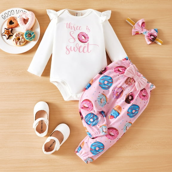 PatPat Baby Girl Outfit Set Long Sleeve Ruffle Bodysuit Donut Pants Cute Headband Sweet Pink Birthday Gift for Baby Girls 0-3 Months