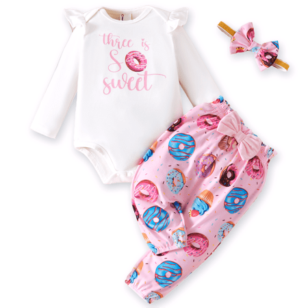 PatPat Baby Girl Outfit Set Long Sleeve Ruffle Bodysuit Donut Pants Cute Headband Sweet Pink Birthday Gift for Baby Girls 9-12 Months