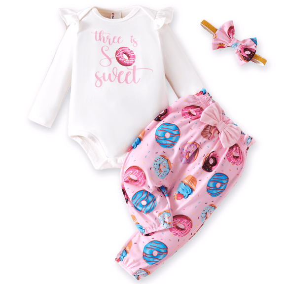 PatPat Baby Girl Outfit Set Long Sleeve Ruffle Bodysuit Donut Pants Cute Headband Sweet Pink Birthday Gift for Baby Girls 0-3 Months