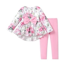 PatPat Baby Girl Outfit Sets 2PCS Childlike Toddler Girl Flower Bow Skirt Long Sleeve Shirt & Pants Set, Pink-flowers,2T