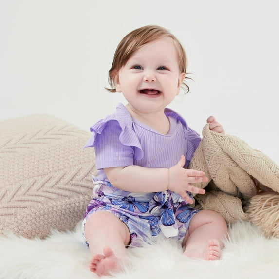 PatPat Baby Girl Outfit Sets Butterfly Print Shorts and Purple Bodysuit Headband Gift for Baby Girl 9-12 Months