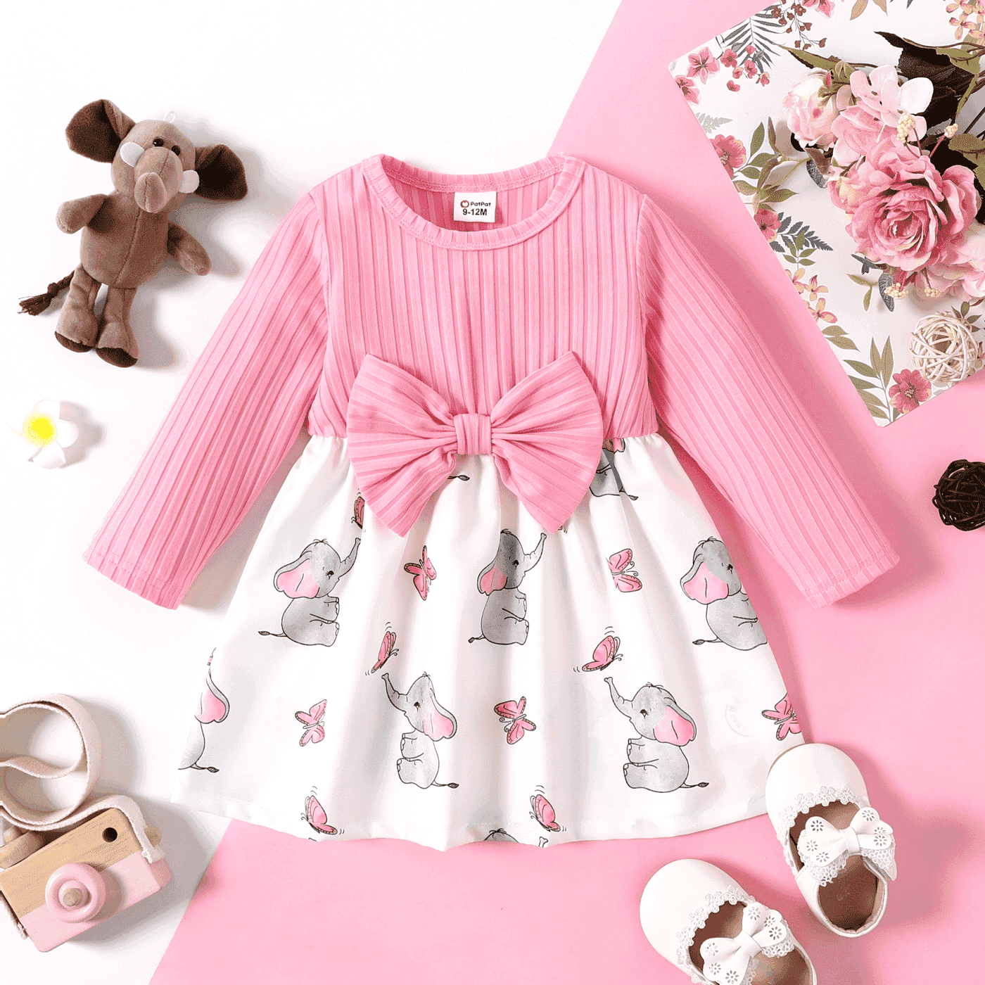 PatPat Baby Girl Pink Ribbed Bowknot Long-sleeve Splicing Cartoon Elephant Print Dress