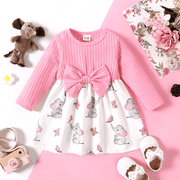 PatPat Baby Girl Pink Ribbed Bowknot Long-sleeve Splicing Cartoon Elephant Print Dress