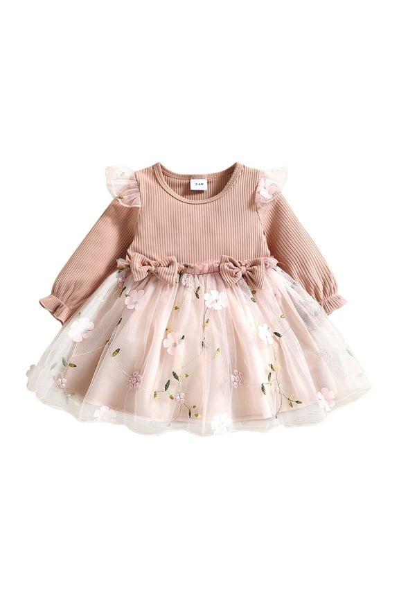 Baby Girl Pink Mesh Dress Set,Ribbed Long Sleeve Splicing Floral Appliques Princess Dress Pageant Party Birthday Wedding Flower Girl Dress,0-3T
