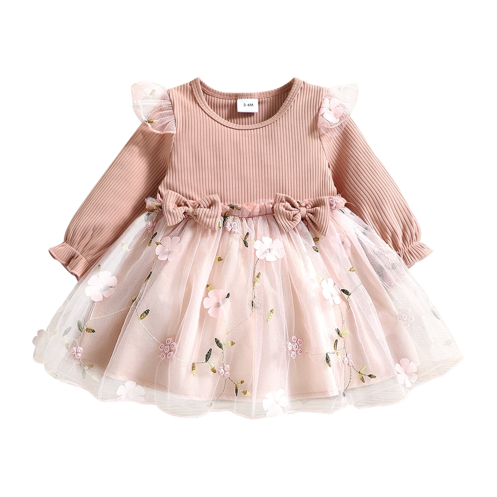 PatPat Baby Girl Pink Mesh Dress Set,Ribbed Long Sleeve Splicing Floral ...