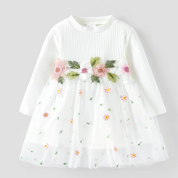 PatPat Baby Girl White Ribbed Long-sleeve Splicing Floral Embroidered Mesh Dress
