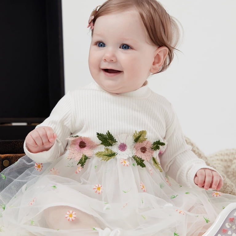 PatPat Baby Girl White Ribbed Long-sleeve Splicing Floral Embroidered Mesh  Dress - Walmart.com