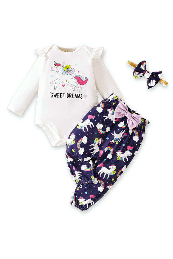 Baby Girl Clothes Long Sleeve Romper Unicorn Print Pants Headband Outfit Set Birthday Gift Newborn Infant Girl Clothes 0-3 Months
