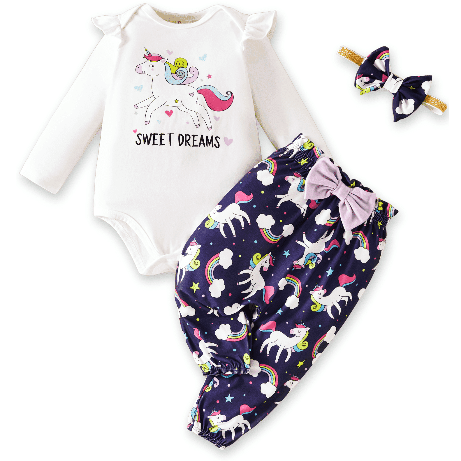 Baby Girl Clothes Long Sleeve Romper Unicorn Print Pants Headband Outfit Set Birthday Gift Newborn Infant Girl Clothes 0-3 Months