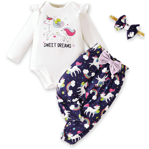 Baby Girl Clothes Long Sleeve Romper Unicorn Print Pants Headband Outfit Set Birthday Gift Newborn Infant Girl Clothes 3-6 Months