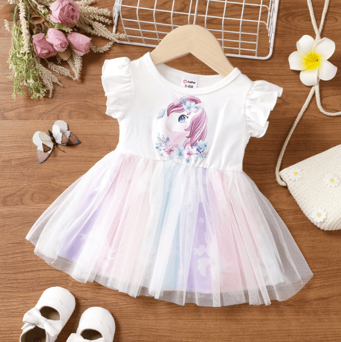 PatPat Baby Girls Dress Unicorn Rainbow Lace Princess Tutu Dresses