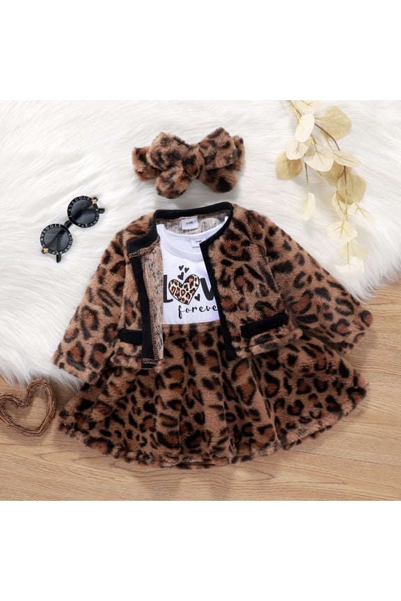 Baby Girls Leopard Dress 3pcs Outfit Set,Long Sleeve Splicing Midi Dress and Cardigan Headband,Toddler Girls Fall Warm Winter Clothes Casual Set for Special Occasion,0-3T