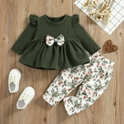 PatPat Baby Girls Long Sleeve Flare Shirt and Floral Trousers Set,2pcs Infant Bowknot Top Pants Fall Clothes Outfit Set,3-24Month