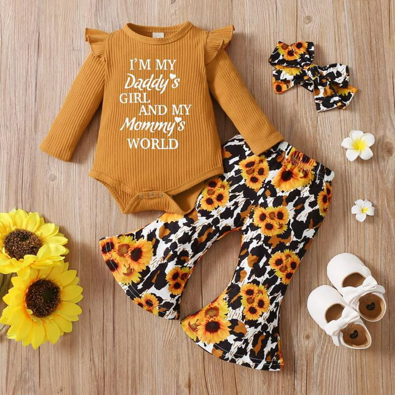 PatPat Baby Girls Romper Flare Pants Outfit Set,3pcs Letter Embroidered  Long Sleeve Jumpsuit and Sunflower Floral Bell Bell-Bottom Pants Leggings  Headband Infant Fall Clothes,0-18Month 