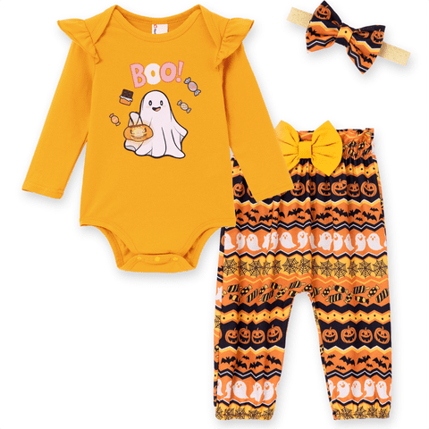 Baby Halloween Gift Outfit Cotton Romper Pants with Headband Pumpkin Ghost Clothes Set 12-18 Months