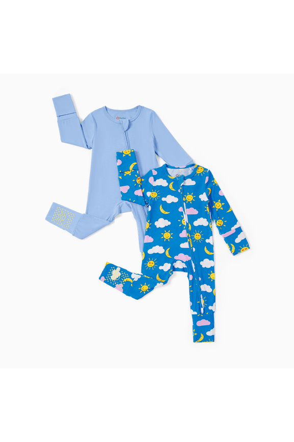 Baby Pajamas Footie Romper with Mittens for Girl 2-Way Zipper Long Sleeve Bamboo Viscose Baby Gifts 2Pack 6-9 Months