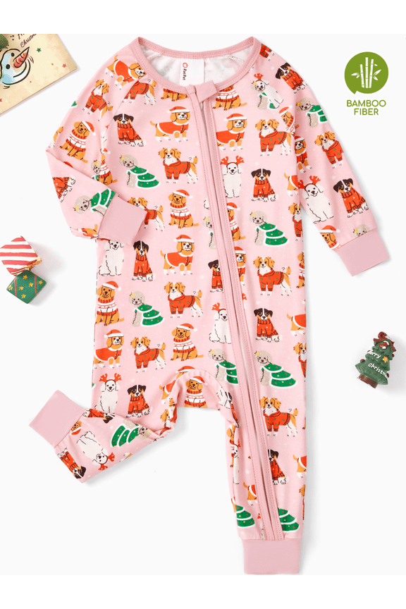 Baby Christmas Pajamas with Bamboo Viscose Newborn Girl Clothes One Piece Zip Romper Sleeper Christmas Gifts for Baby Girls 12-18 Months