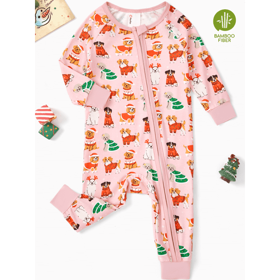 PatPat Baby Christmas Pajamas with Bamboo Viscose Newborn Girl Clothes One Piece Zip Romper Sleeper Christmas Gifts for Baby Girls 6-9 Months