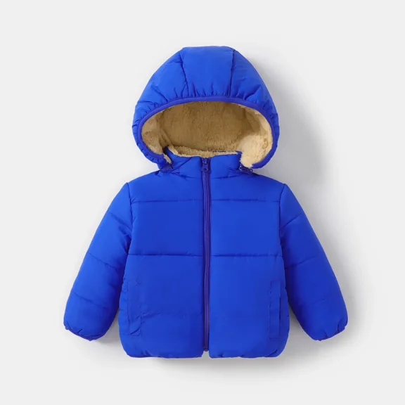 PatPat Toddler Boy Coats Girl Jackets Winter Fleece Lined Hooded Puffer Jacket for Kids Solid Long Sleeve Warm Outerwear, Blue, 4-5 Years