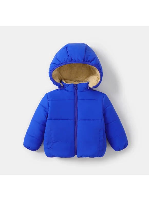 Toddler Boy Coats Girl Jackets Winter Fleece Lined Hooded Puffer Jacket for Kids Solid Long Sleeve Warm Outerwear, Blue, 5-6 Years