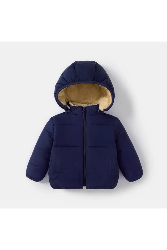 Toddler Boy Coats Girl Jackets Winter Fleece Lined Hooded Puffer Jacket for Kids Solid Long Sleeve Warm Outerwear, Dark Blue, 3-4 Years