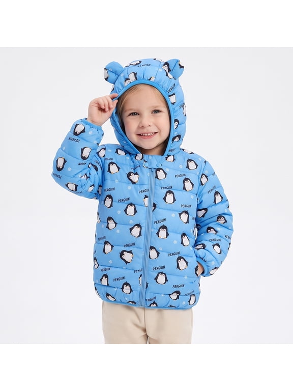 Baby Toddler Winter Jacket Hooded Zip Puffer Coat Penguin Print Blue 18-24M