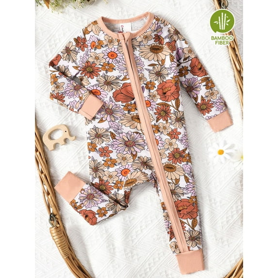 PatPat Baby Girl Clothes Pajamas Soft Viscose from Bamboo Zip Snug Fit Floral Print Newborn Infant Baby Girl Gifts,18-24 Months