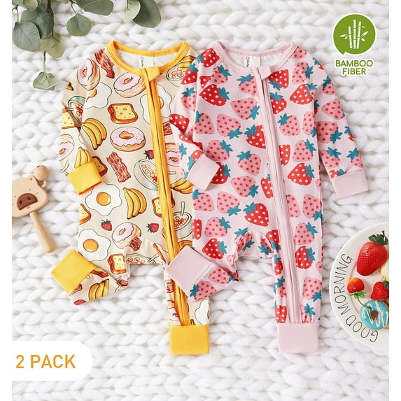 PatPat Bamboo Baby Pajamas Baby Girl Gifts Snug Fit Zipper Long-Sleeved Baby Bodysuits Sleepwear,2Pack,0-24 Months