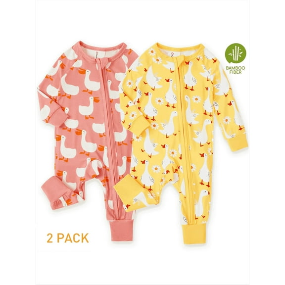 PatPat Baby Girl Clothes Bamboo Baby Pajamas Zip Long Sleeve Snug Fit Baby Girl Gifts Newborn Infant Boys Girls Sleepwear 2Pack,0-3 Months