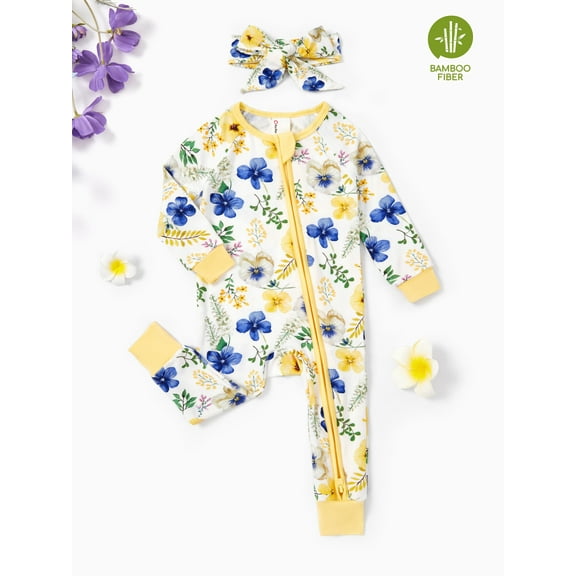 PatPat Baby Girl Outfit Bamboo Baby Pajamas Sleep N Play Snug Fit 2-Way Zipper Romper Floral Sleeper with Headbands Infant 12-18 Months