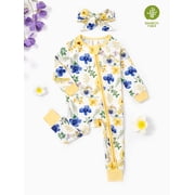 PatPat Baby Girl Outfit Bamboo Baby Pajamas Sleep N Play Snug Fit 2-Way Zipper Romper Floral Sleeper with Headbands Newborn 3-6 Months
