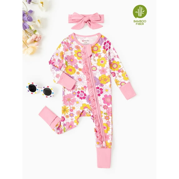 PatPat Baby Girl Outfit Bamboo Baby Pajamas Footed & Footless 2-Way Zipper Footies Sleep N Play Pajamas with Headband Gift for Baby Girls Infant 9-12 Months