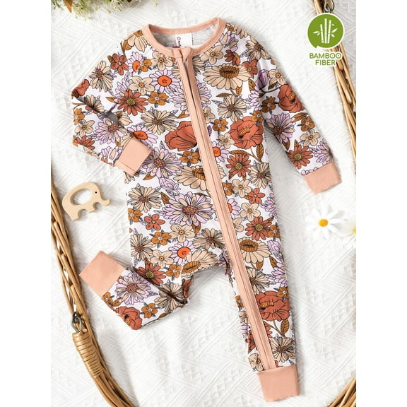 PatPat Baby Clothes Pajamas Soft Viscose from Bamboo Snug fit Baby Girl Boy Long Sleeve Zip One-Piece Pajamas Gift for Newborn