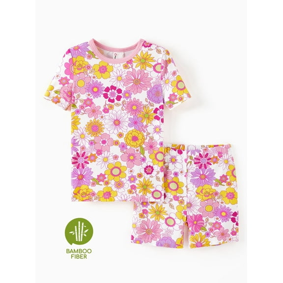 PatPat Toddler Girls Pajamas Viscose from Bamboo Kids 2-Piece Pj Set Gifts Short Sleeve Tops Pants Snug Sleepwear Sizes 2T