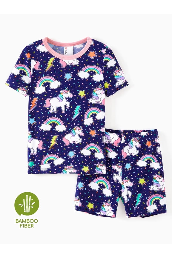 Toddler Girl Pajamas Viscose from Bamboo Kids Unicorn 2-Piece Pj Set Gifts Short Sleeve Tops Pants Snug Sleepwear Sizes 2T