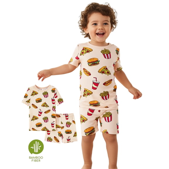 PatPat Pajamas Sets Viscose from Bamboo Toddler Girls Snug Fit Pjs Kids Short Sleeve Graphic Top & Pants Breathable Sleepwear, Apricot, 2T