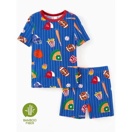 PatPat Pajamas for Toddler Viscose from Bamboo Boys Snug Fit Pajamas Kids Short Sleeve Graphic Top & Pj Pants Breathable Sleepwear Sets, Blue, 6T