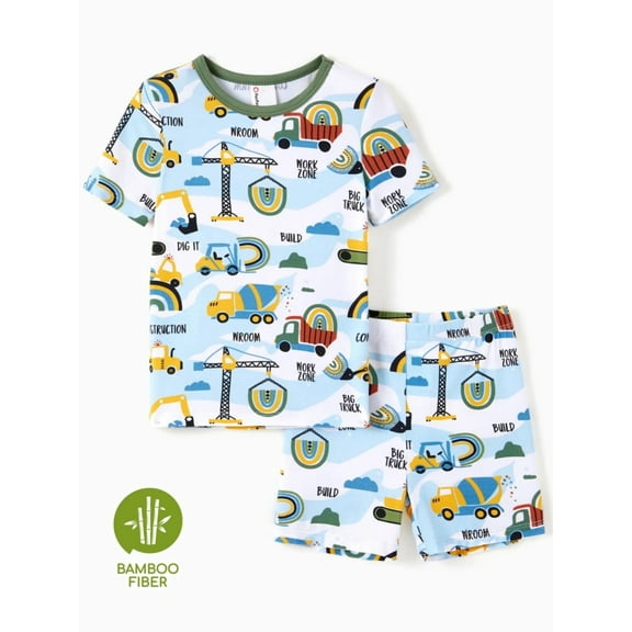 PatPat Pajamas Sets Viscose from Bamboo Toddler Boys Snug Fit Pjs Kids Short Sleeve Graphic Top & Pants Breathable Sleepwear, Green, 2T
