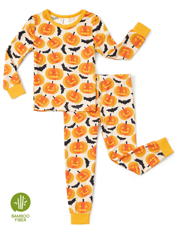 Halloween Pajamas Toddler Girls Boys Snug Fit Pumpkin Bat Long Sleeve Top and Pants Pj Viscose from Bamboo Sleepwear Sets, Orange, 2T