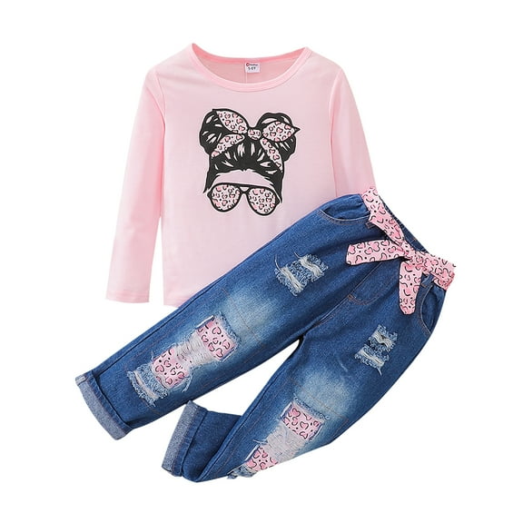PatPat Big Girls Figure Print Pink T-Shirt and Denim Jeans 2Pcs Long Sleeve Clothes Set Size 5-12