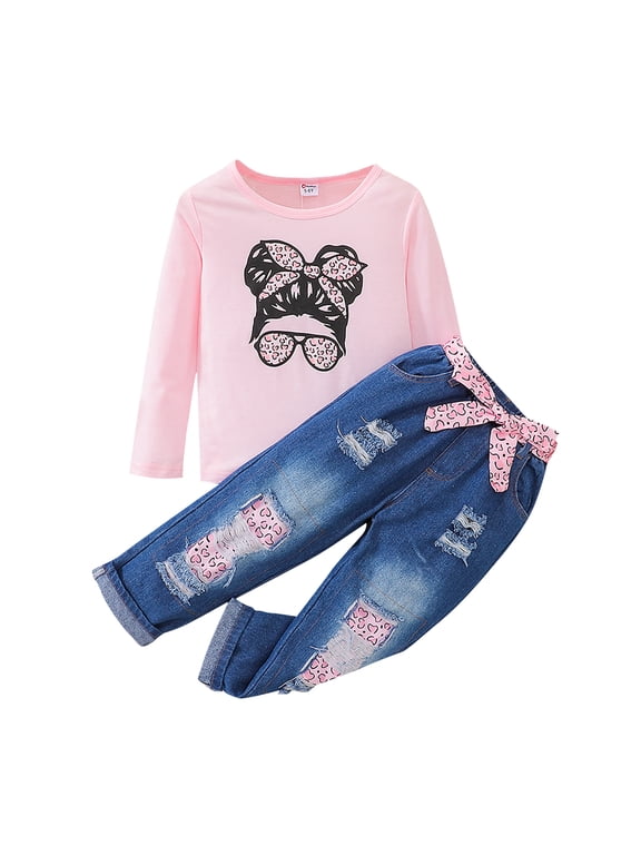 Big Girls Figure Print Pink T-Shirt and Denim Jeans 2Pcs Long Sleeve Clothes Set Size 5-12