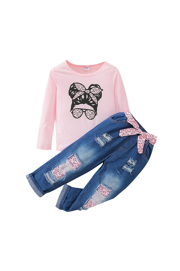Big Girls Figure Print Pink T-Shirt and Denim Jeans 2Pcs Long Sleeve Clothes Set Size 5-12