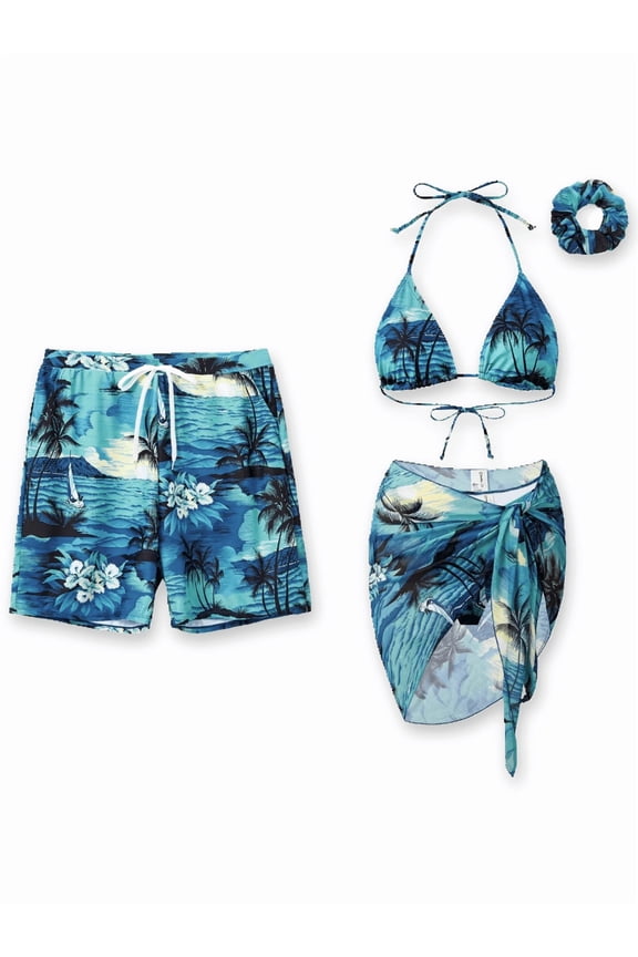 Bikini Sets For Women Bathing Suits Tropical Blue Beach Coverup with Hair Accessories Matching Swimsuits for Couples Gifts