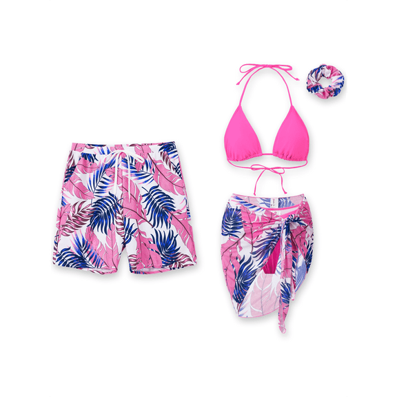 PatPat Bikini Sets For Women Bathing Suits Tropical Pink Beach Coverup with Hair Accessories Matching Swimsuits for Couples Gifts