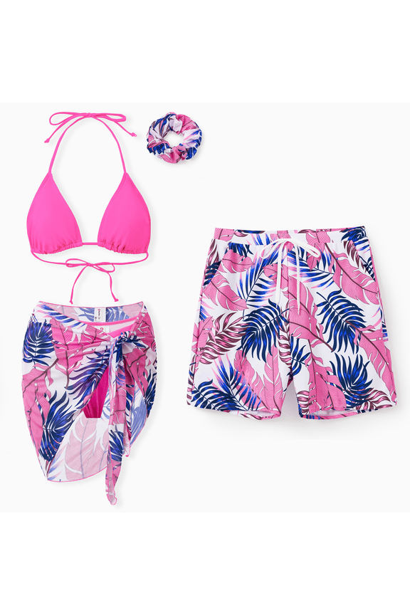 Bikini Sets For Women Bathing Suits Tropical Pink Beach Coverup with Hair Accessories Matching Swimsuits for Couples Gifts