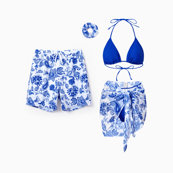 PatPat Bikini Sets for Women Blue White Floral Swimsuit Coverup Beach Vacation Bathing Suit for Women